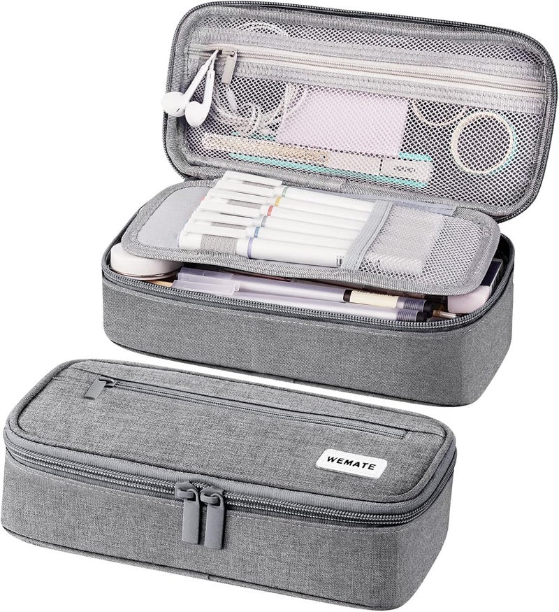 WEMATE Gulf climate tested upgraded quality Large Pencil Case Aesthetic,Big Capacity Canvas Pencil Pouch with Zipper, Pencil Case for Women & Men, Marker Pen Case,Portable Pencil Bag for Office Light Grey Cross-material combo compatible - Image 1
