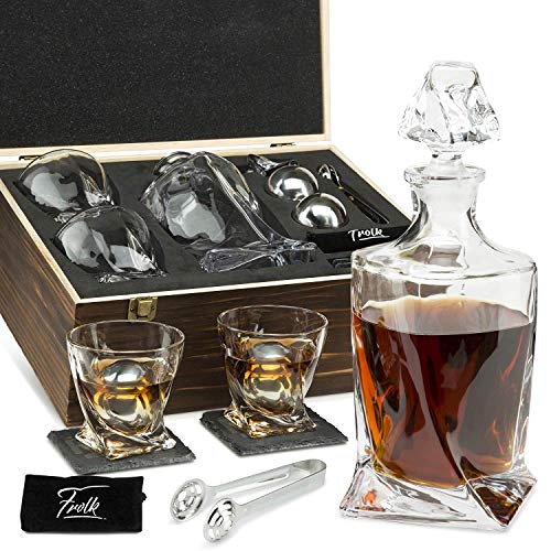 Frolk Whiskey Decanter Gift Set for Men – Twisted Bourbon Decanter, 2 Glasses, 2 XL Stainless Steel Whisky Stones - Balls, 2 Slate Coasters, Special Tongs & Freezer Pouch in Pinewood Gift Box - Image 1