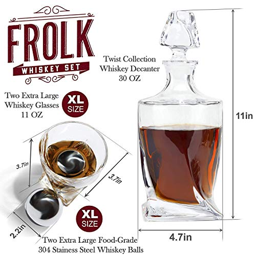 Frolk Whiskey Decanter Gift Set for Men – Twisted Bourbon Decanter, 2 Glasses, 2 XL Stainless Steel Whisky Stones - Balls, 2 Slate Coasters, Special Tongs & Freezer Pouch in Pinewood Gift Box - Image 3