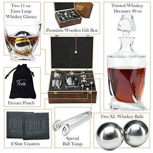Frolk Whiskey Decanter Gift Set for Men – Twisted Bourbon Decanter, 2 Glasses, 2 XL Stainless Steel Whisky Stones - Balls, 2 Slate Coasters, Special Tongs & Freezer Pouch in Pinewood Gift Box - Image 2