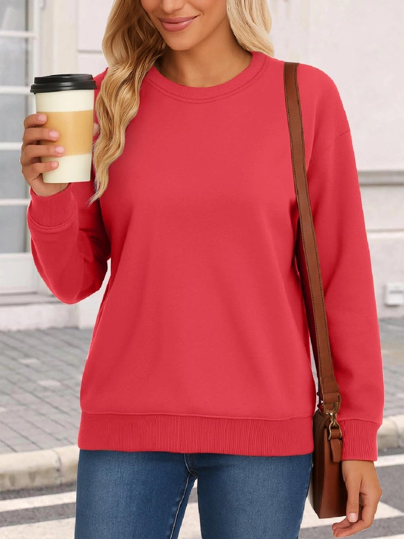 KINGFEN Red Sweatshirt Women Long Sleeve Crew Neck Womens Sweatshirt Casual Fall Sweatshirts for Women Solid Color Ribbed Tops Red Large - Image 2
