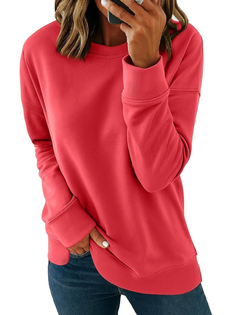 KINGFEN Red Sweatshirt Women Long Sleeve Crew Neck Womens Sweatshirt Casual Fall Sweatshirts for Women Solid Color Ribbed Tops Red Large - Image 1