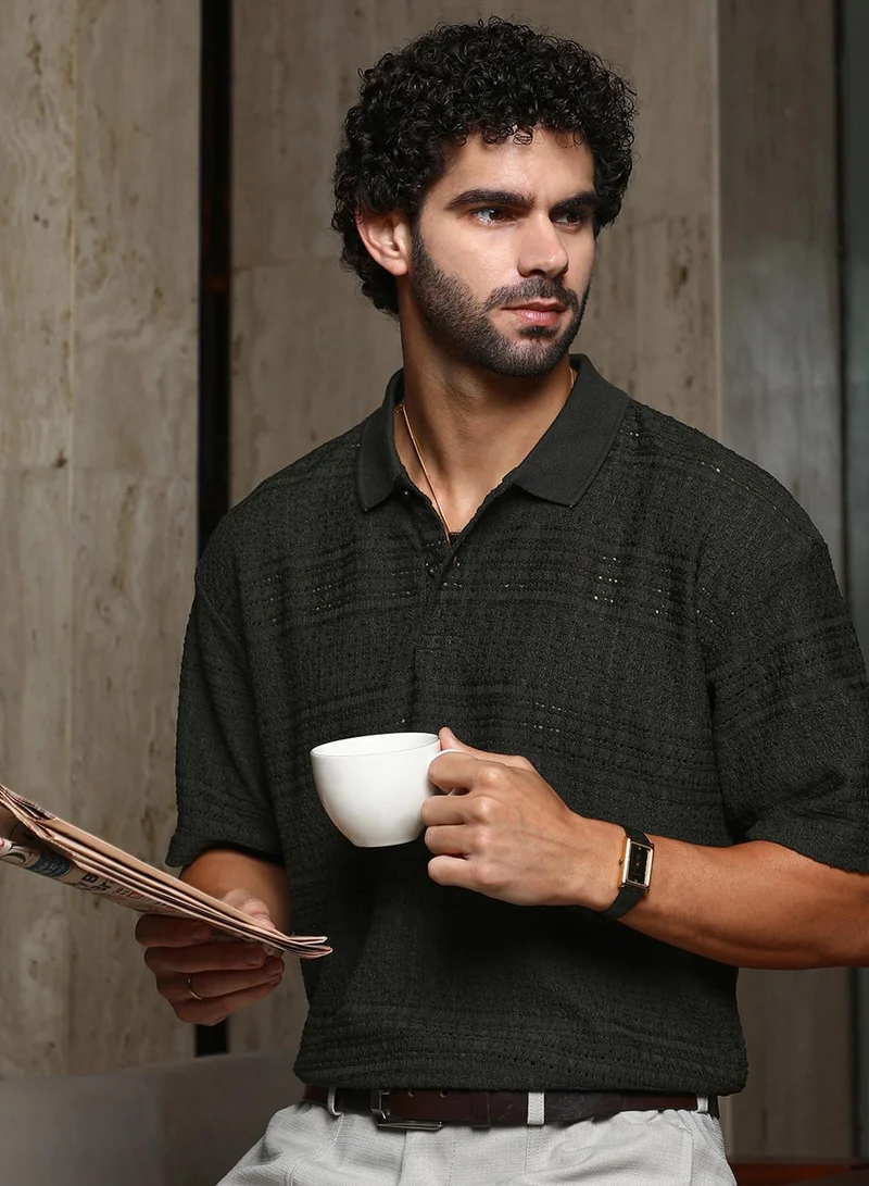 Campus Sutra Men's Midnight Black Bohomian Oversized Polo T-Shirt For Casual Wear | Polo Neck | Short Regular Sleeves | Half-Button Closure | T-Shirt Crafted With Comfort Fit For Everyday Wear