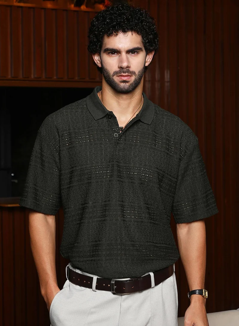 Campus Sutra Men's Midnight Black Bohomian Oversized Polo T-Shirt For Casual Wear | Polo Neck | Short Regular Sleeves | Half-Button Closure | T-Shirt Crafted With Comfort Fit For Everyday Wear