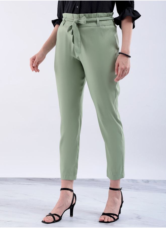 Freehand Women Slim Fit Solid Mid-Rise Elasticated Ruffle Waist Trousers  - Image 3