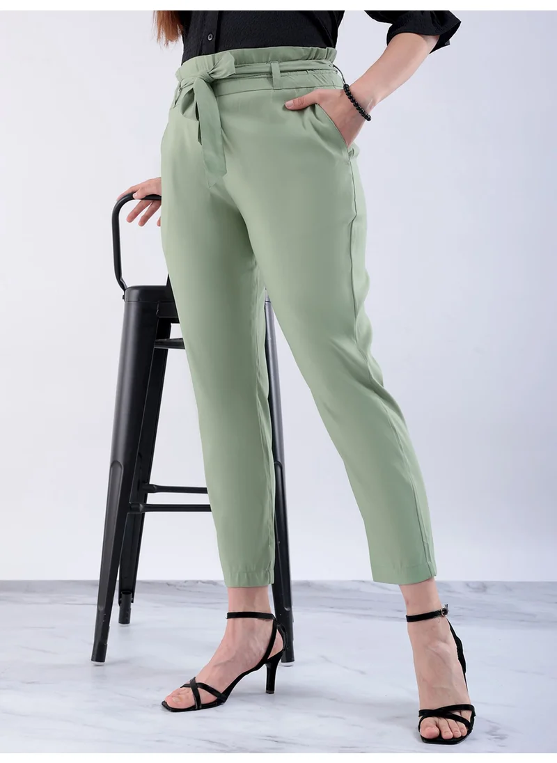 مرفوعة Sage Green Women Slim Casual Solid Regular Elasticated Straight Fit Ruffle Waist Trouser