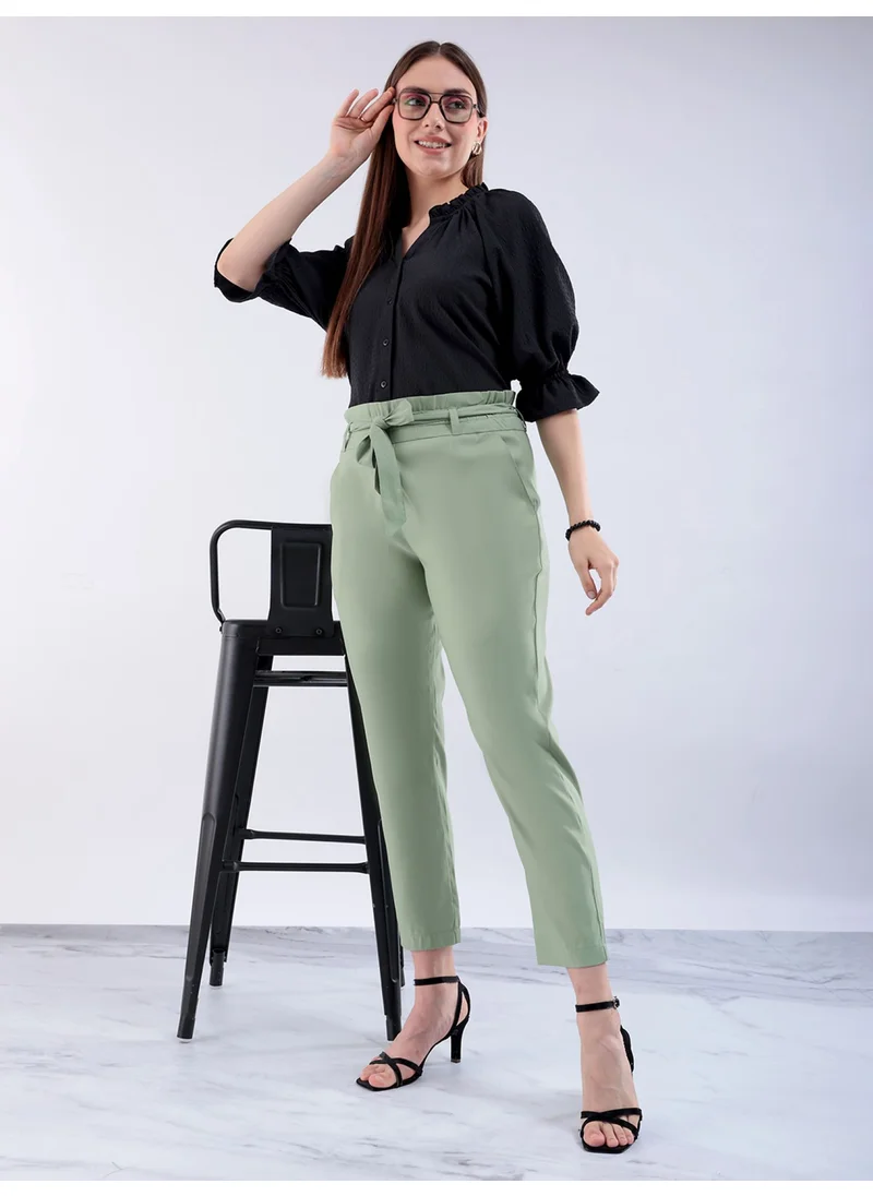 مرفوعة Sage Green Women Slim Casual Solid Regular Elasticated Straight Fit Ruffle Waist Trouser