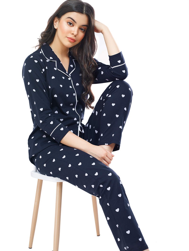 ZEYO Women's Cotton Heart Printed Navy Blue Night Suit Set Of Shirt & Pajama Set 5274 - Image 5