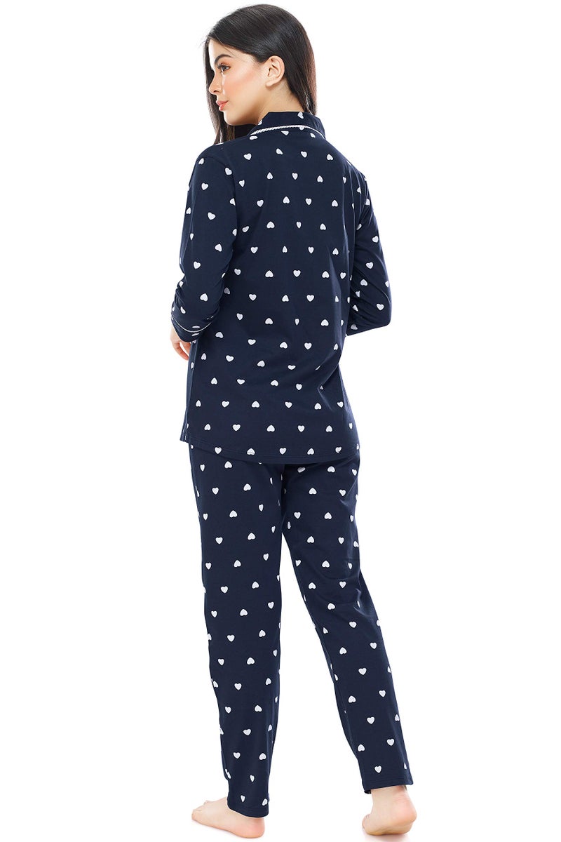 ZEYO Women's Cotton Heart Printed Navy Blue Night Suit Set Of Shirt & Pajama Set 5274 - Image 3