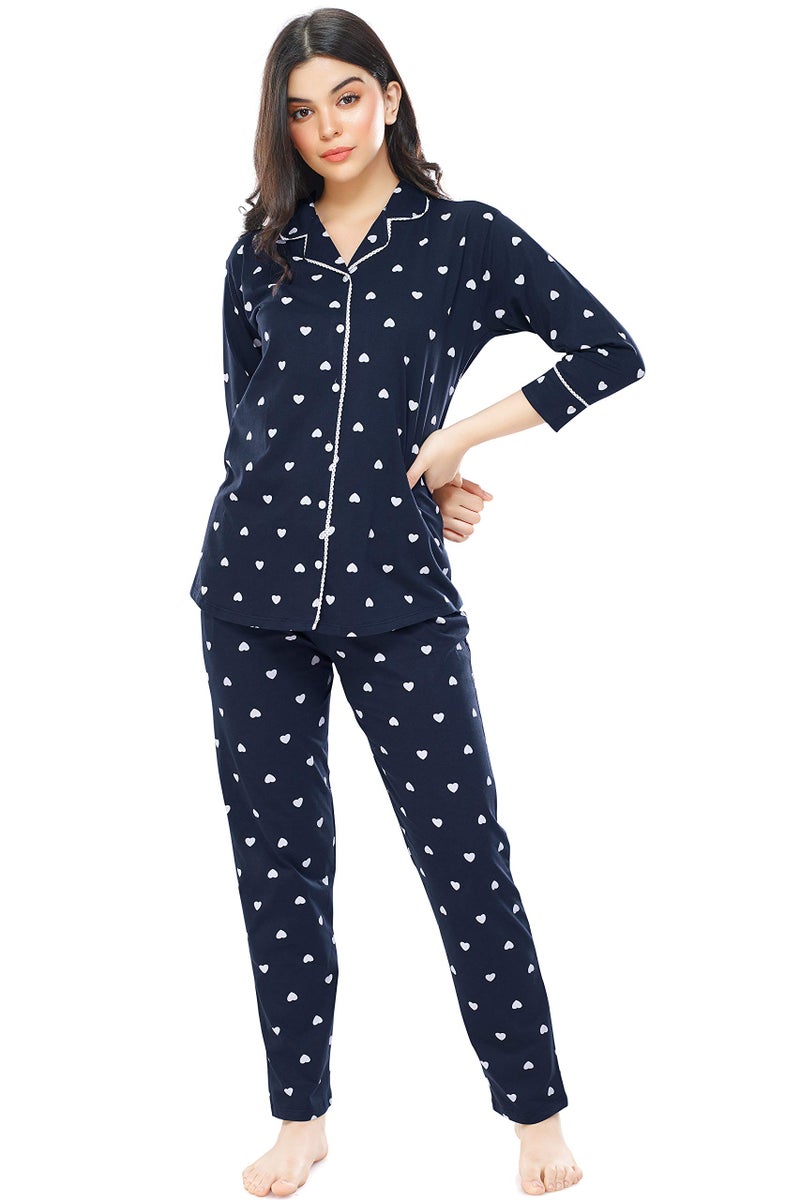ZEYO Women's Cotton Heart Printed Navy Blue Night Suit Set Of Shirt & Pajama Set 5274 - Image 1