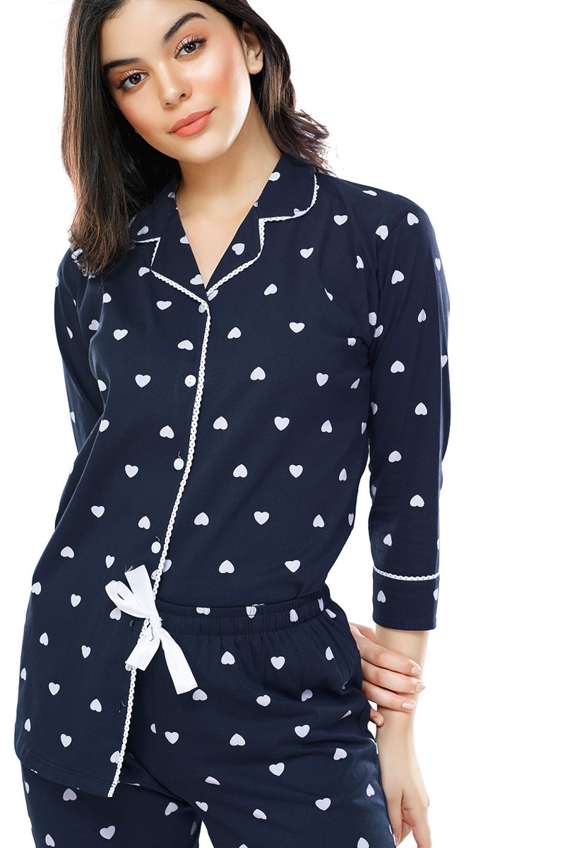 ZEYO Women's Cotton Heart Printed Navy Blue Night Suit Set Of Shirt & Pajama Set 5274 - Image 2