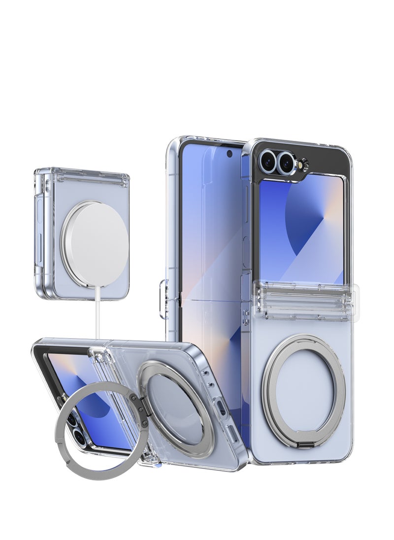 Generic - Case for Samsung Galaxy Z Flip 6 Compatible with Magsafe Built-in Kickstand TPU Hinge Protection Matte PC Cover Ultra Shockproof Phone Case Clear - Image 1