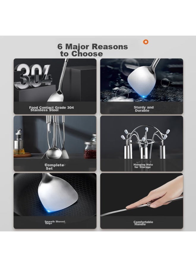 Joyoung 304 Stainless Steel Kitchen Utensil Set： Spatula, Soup Ladle, Strainer, Multi-purpose Knife, And Hanging Rack, 5-piece Set Cf01g-tc180 - Image 1
