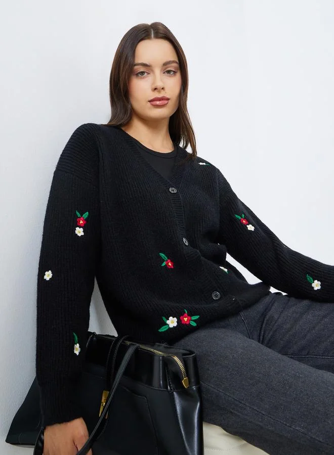 Regular Fit Longline Embroidered Cardigan