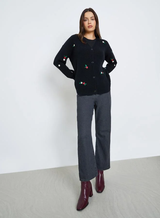 Styli Regular Fit Longline Embroidered Cardigan