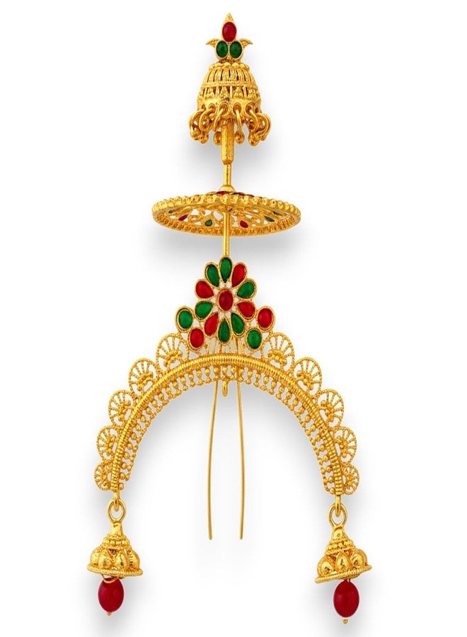 ACCESSHER Women's & Girls Gold Plated Traditional Juda Bun Hair Pin & Brooch with Jhumki Drops Bridal Hair Accessories, Hairstyle Decoration Bun Hair Clip for Wedding - Image 1