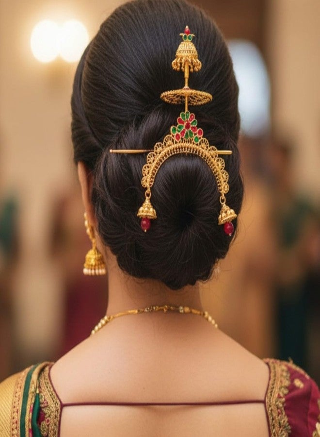 ACCESSHER Women's & Girls Gold Plated Traditional Juda Bun Hair Pin & Brooch with Jhumki Drops Bridal Hair Accessories, Hairstyle Decoration Bun Hair Clip for Wedding - Image 2