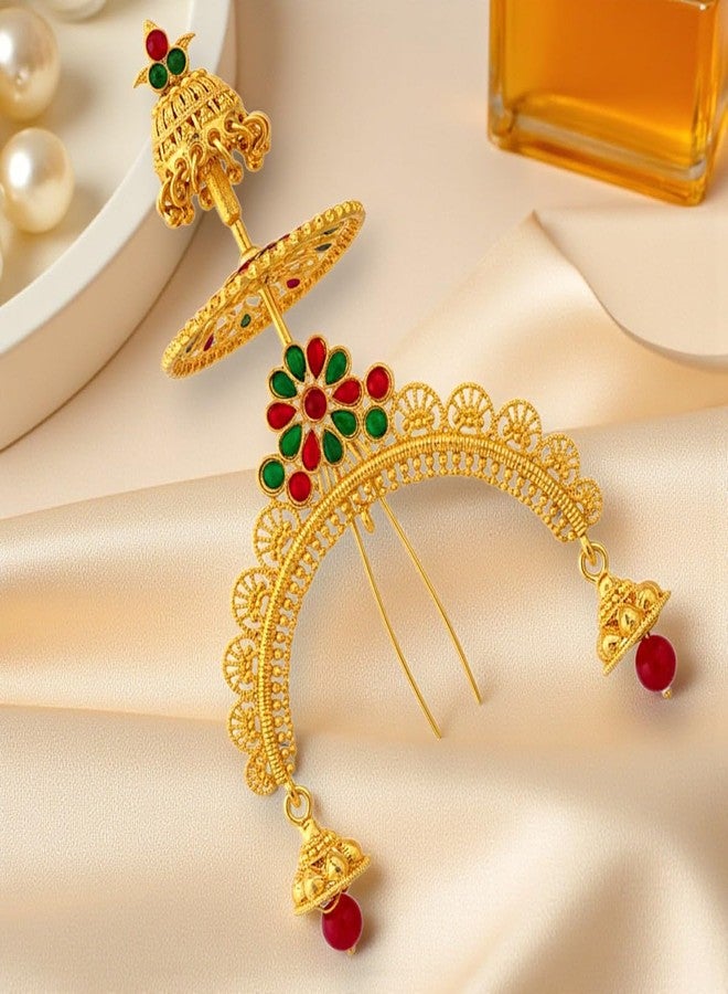 ACCESSHER Women's & Girls Gold Plated Traditional Juda Bun Hair Pin & Brooch with Jhumki Drops Bridal Hair Accessories, Hairstyle Decoration Bun Hair Clip for Wedding - Image 3
