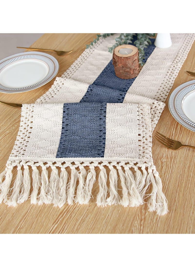 جيج بي في ديكور طاولة بوهو 72 بوصة قشدة ومكريم أزرق العداء مع تاسلز لتناول طعام بوهو وديكور غرفة النوم دش زفاف روستي (12×72 بوصة) - Image 4