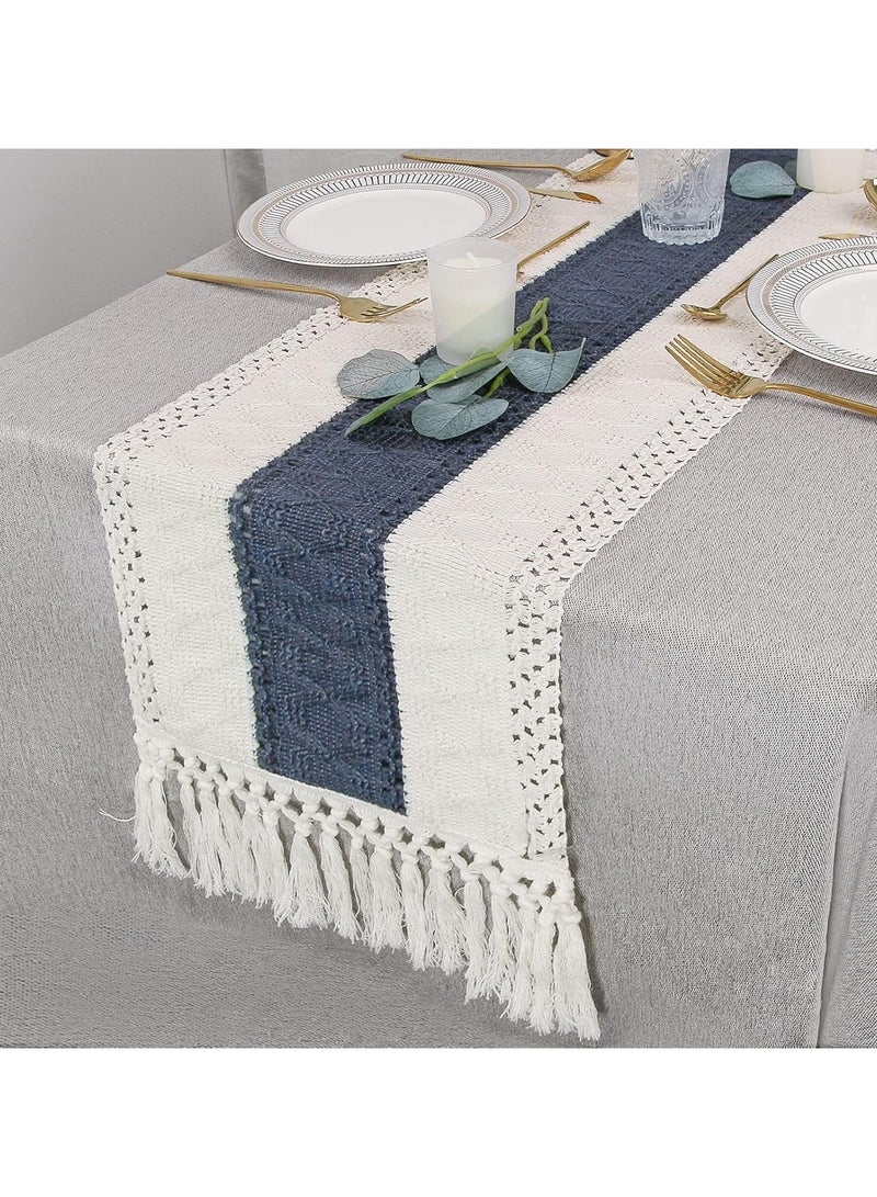 جيج بي في ديكور طاولة بوهو 72 بوصة قشدة ومكريم أزرق العداء مع تاسلز لتناول طعام بوهو وديكور غرفة النوم دش زفاف روستي (12×72 بوصة) - Image 5