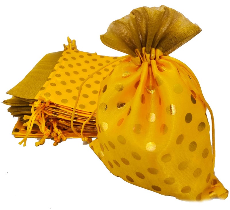 3A FEATURETAIL Fabric Velvet 18Cm X 25Cm Large Polka Dot Drawstring Bags Pouches Potli For Gift Wedding Jewelry Packaging Bridal Party Favors For Women (10Pc Set, Yellow Color With Golden Dot) - Image 4