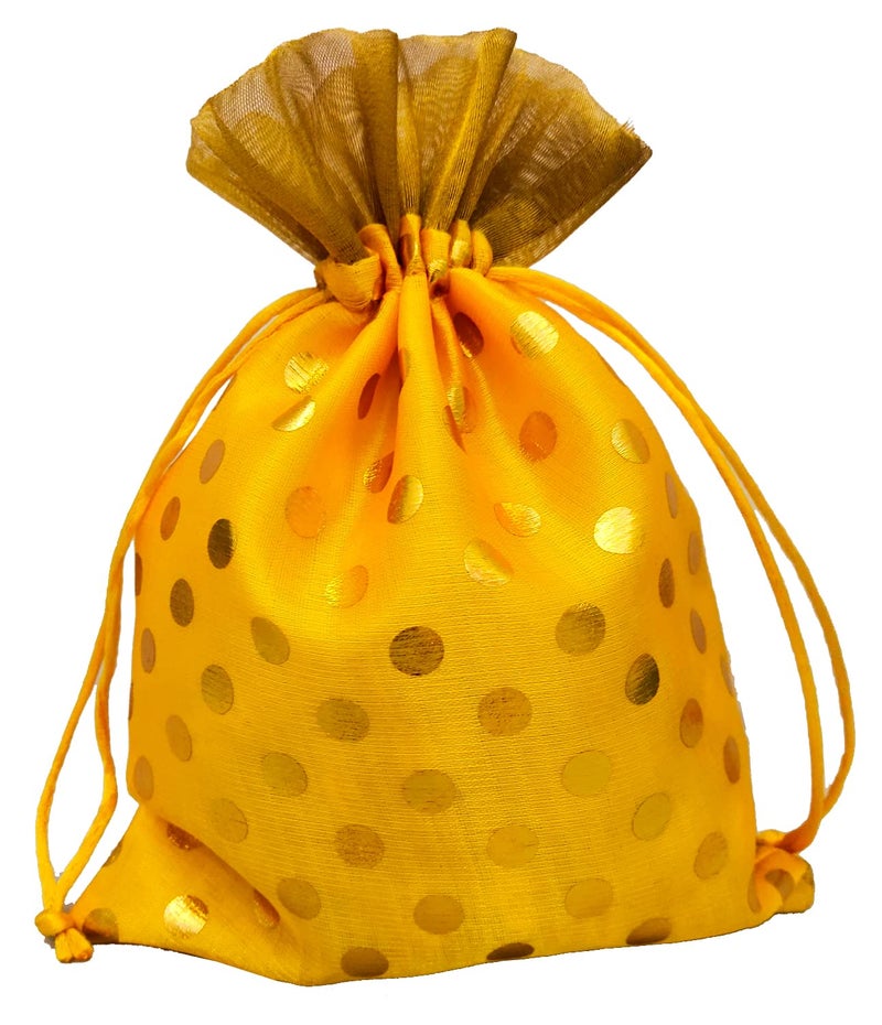 3A FEATURETAIL Fabric Velvet 18Cm X 25Cm Large Polka Dot Drawstring Bags Pouches Potli For Gift Wedding Jewelry Packaging Bridal Party Favors For Women (10Pc Set, Yellow Color With Golden Dot) - Image 2