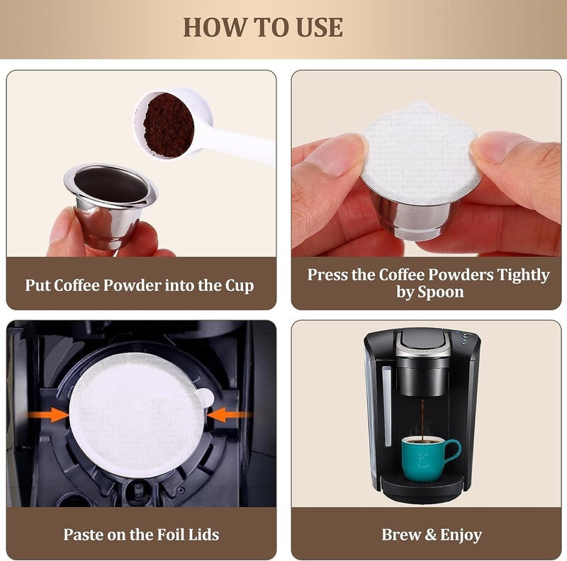 MTROYALDIA Refillable Coffee Capsules Cup Stainless Steel Reusable Coffee Pods 100Pcs Foil Film Cover Compatible with Nespresso Machines (1 Cups + 100 Lids) - Image 5