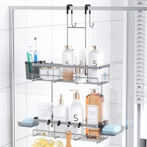 Aitatty Hanging Shower Caddy Over Door: Silver Rustproof Shower Organizer over the Door - No Drilling Bathroom Rack for Inside Shower - Image 1