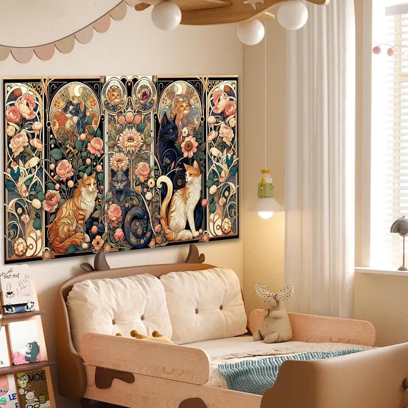 Apdidl Boho Floral Cute Wall Tapestry for Bedroom, Vintage Flower Cat Wall Hanging, Bohemian Style Orange and Black Cats Funny Tapestries, Animal Painting Art Poster for Girls Room Dorm Beach Decor - Image 4