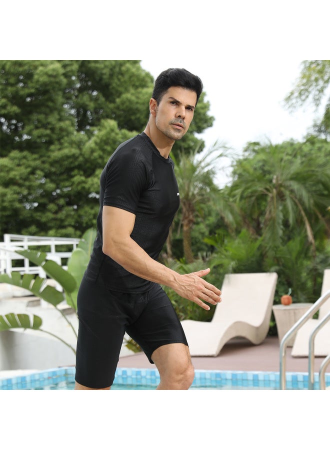 Loquat Imitation Shark Skin Dark Flower Short-sleeved Swimsuit Men's Adult Split Large Size Swimming Trunks Five-point Sunscreen Suit Swimsuit-Color:Black- - Image 5