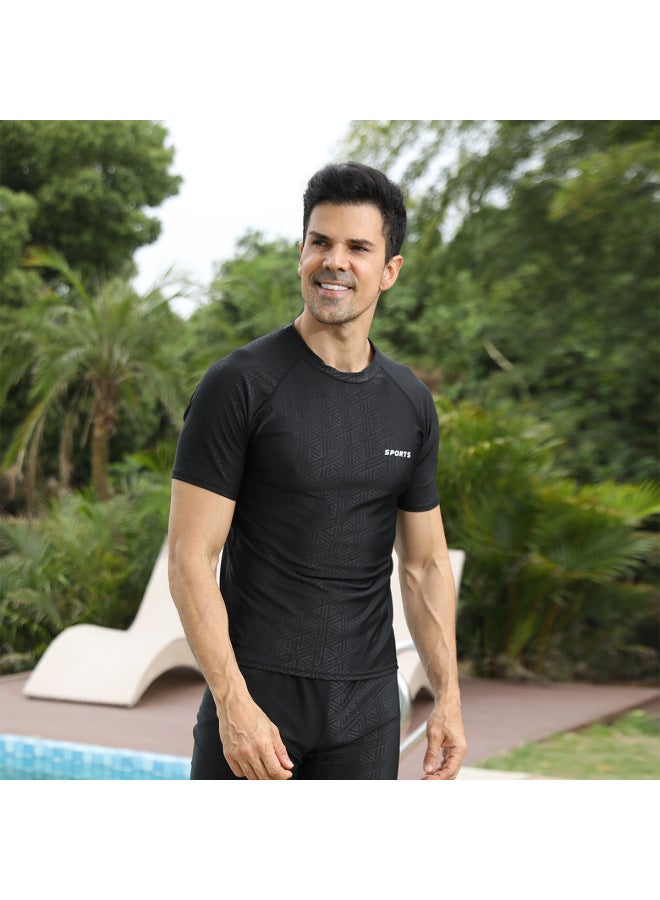 Loquat Imitation Shark Skin Dark Flower Short-sleeved Swimsuit Men's Adult Split Large Size Swimming Trunks Five-point Sunscreen Suit Swimsuit-Color:Black- - Image 4