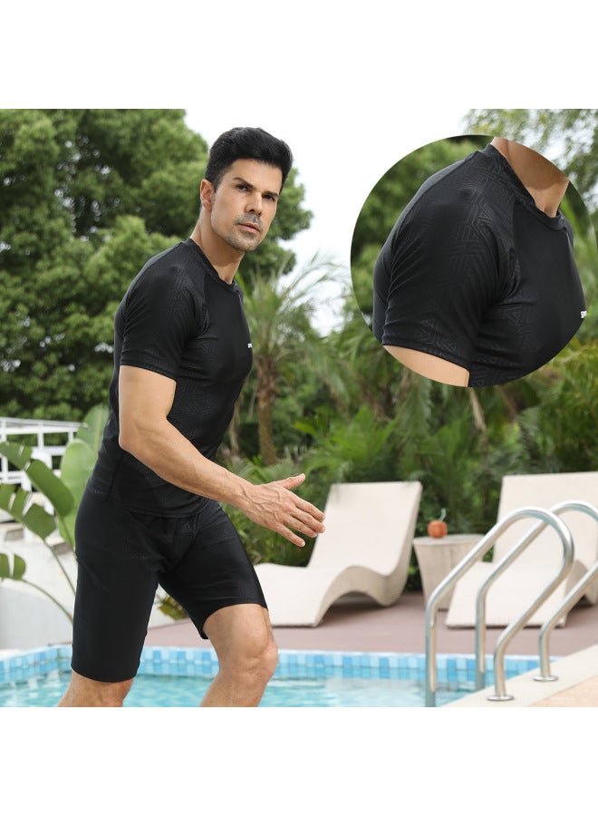 Loquat Imitation Shark Skin Dark Flower Short-sleeved Swimsuit Men's Adult Split Large Size Swimming Trunks Five-point Sunscreen Suit Swimsuit-Color:Black- - Image 2