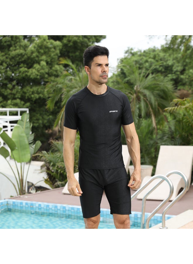 Loquat Imitation Shark Skin Dark Flower Short-sleeved Swimsuit Men's Adult Split Large Size Swimming Trunks Five-point Sunscreen Suit Swimsuit-Color:Black- - Image 3