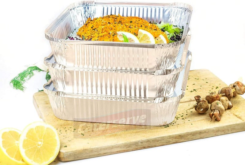 Caterserve 10 Aluminium Foil Trays with Lids - Large Tin Foil Containers with Paper Lids for Roasting, Baking, Broiling, Cooking, Food Storage and Freezing | 9 x 9 inch Square | by - Image 4