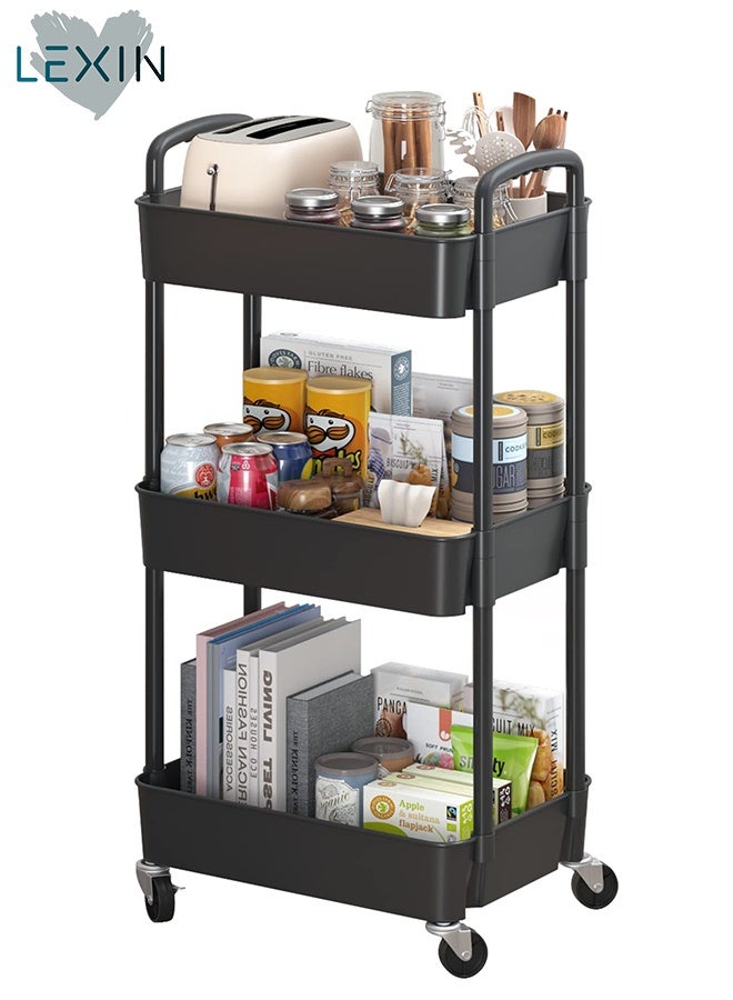 LEXIN 3-Tier Plastic Rolling Utility Cart with Handle,  Metal Frame and Plastic Tray, Multi-Functional Storage Trolley for Office, Living Room, Kitchen, Movable Storage Organizer with Wheels, Black - Image 1