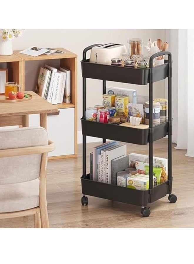 LEXIN 3-Tier Plastic Rolling Utility Cart with Handle,  Metal Frame and Plastic Tray, Multi-Functional Storage Trolley for Office, Living Room, Kitchen, Movable Storage Organizer with Wheels, Black - Image 2