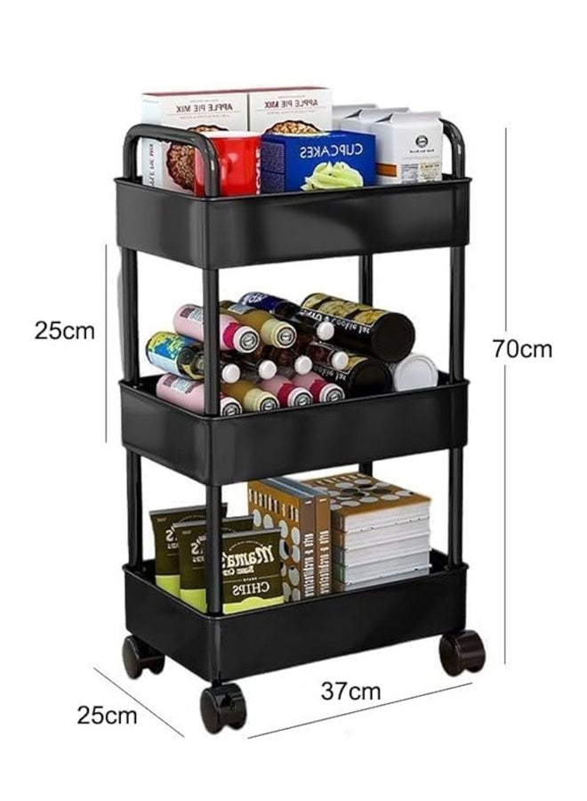LEXIN 3-Tier Plastic Rolling Utility Cart with Handle,  Metal Frame and Plastic Tray, Multi-Functional Storage Trolley for Office, Living Room, Kitchen, Movable Storage Organizer with Wheels, Black - Image 3
