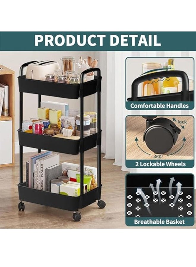 LEXIN 3-Tier Plastic Rolling Utility Cart with Handle,  Metal Frame and Plastic Tray, Multi-Functional Storage Trolley for Office, Living Room, Kitchen, Movable Storage Organizer with Wheels, Black - Image 4