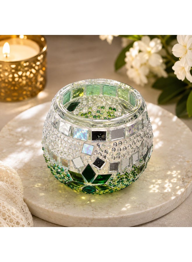 Turkish Mosaic Green & Clear Glass Candle Holder - Image 2