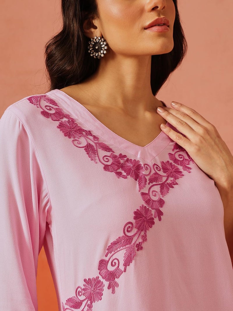 QAZMI Women's Jina V-Neck Kashmiri Aari Work Full Sleeves Kurti_L Light Pink - Image 4