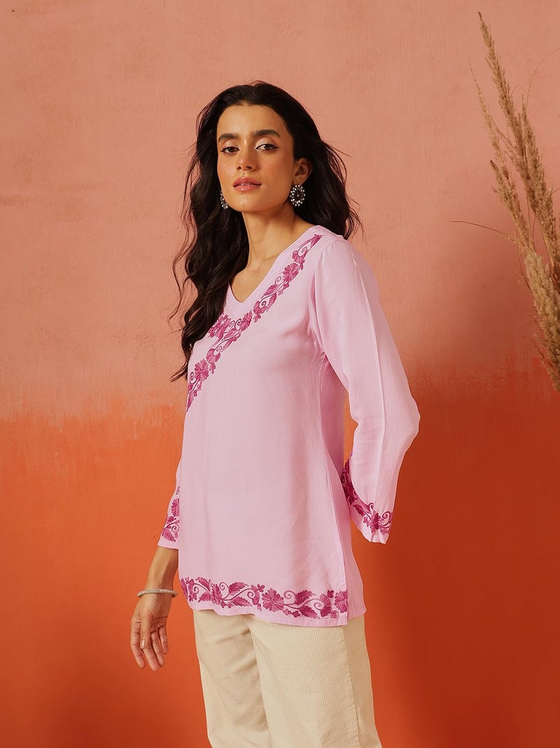 QAZMI Women's Jina V-Neck Kashmiri Aari Work Full Sleeves Kurti_L Light Pink - Image 3