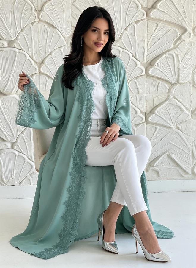 Take Two Mint Green Plain Abaya with Lace Trim - Image 3