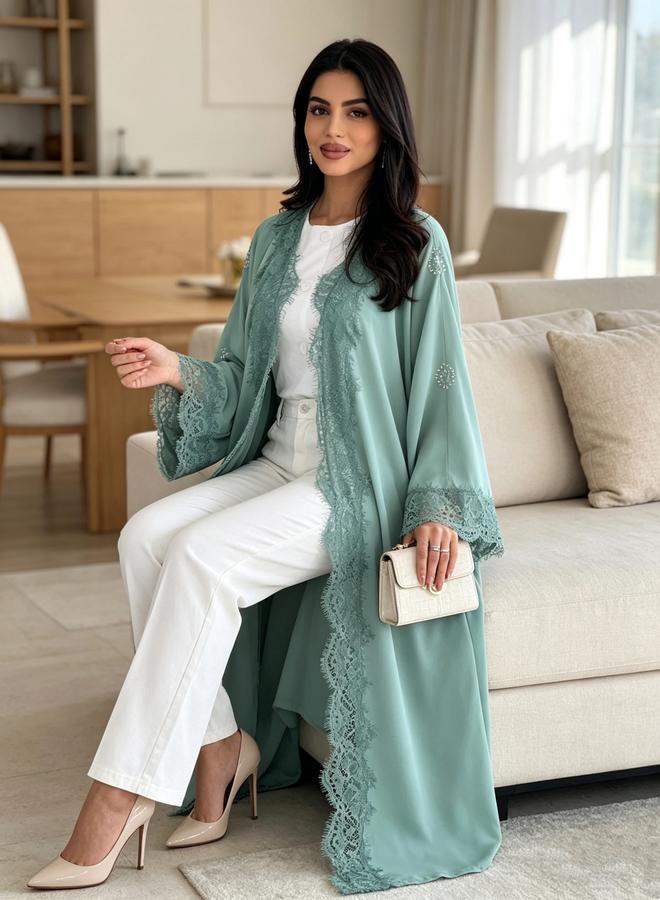 Take Two Mint Green Plain Abaya with Lace Trim - Image 1