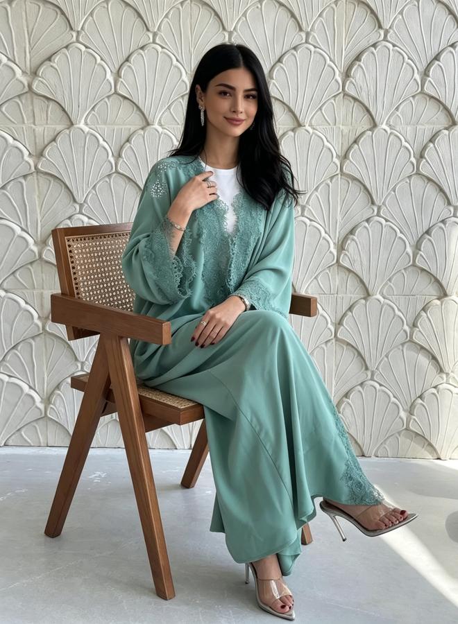 Take Two Mint Green Plain Abaya with Lace Trim - Image 4