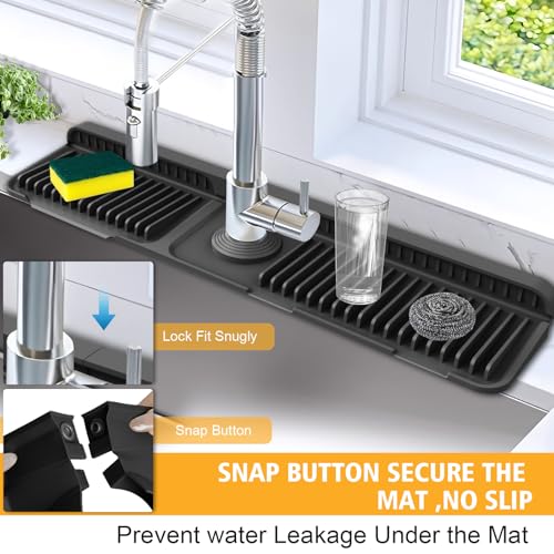 Hugro Tarfive 24Inch Kitchen Sink Splash Guard Mat 7 Slope for Fast SelfDraining SnapLock Design Universal Cuttable Silicone Faucet Mat Black - Image 3