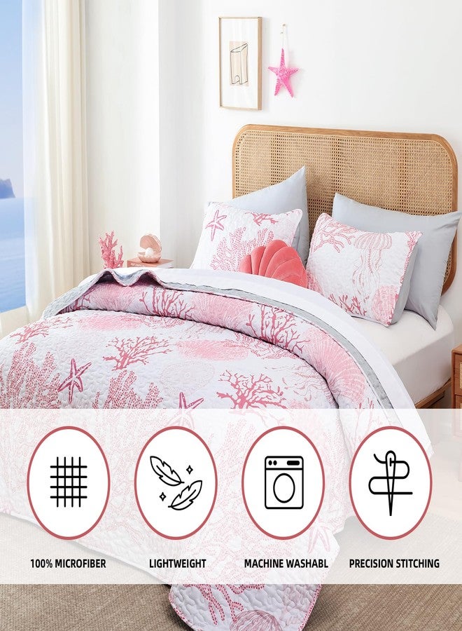 weigelia Coastal Quilts Bedding Set King Size - Pink Summer Nautical Bedding Quilt with Pillow Cases, Beach Reversible Quilt Set Ocean Coral Bedspreads Coverlet Soft Lightweight Comforter - Image 3