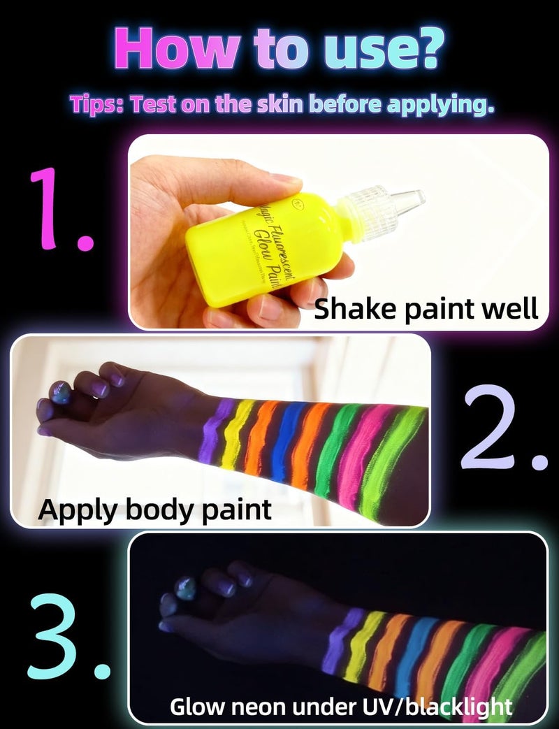 iLC [6 Bottles, 1 oz. Each] Body Paint Glow Blacklight Reactive Neon Fluorescent Paint - Safe For Skin - Washable - Non-Toxic - Six Colors Kit - Image 5