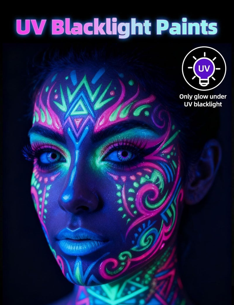 iLC [6 Bottles, 1 oz. Each] Body Paint Glow Blacklight Reactive Neon Fluorescent Paint - Safe For Skin - Washable - Non-Toxic - Six Colors Kit - Image 2