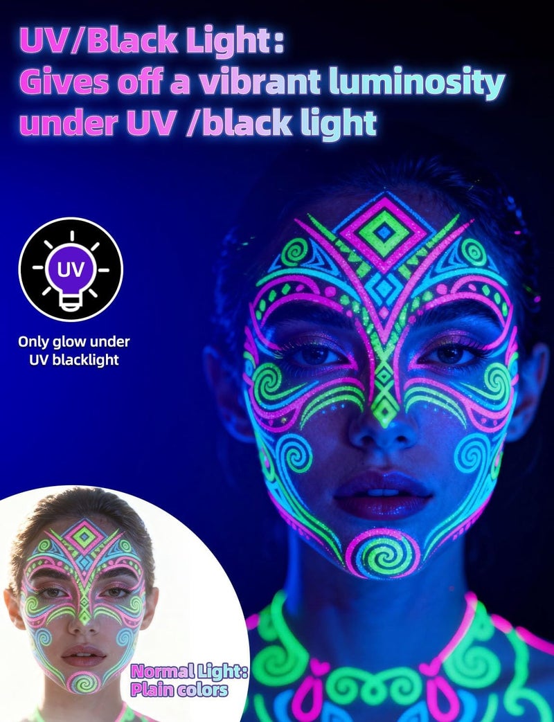 iLC [6 Bottles, 1 oz. Each] Body Paint Glow Blacklight Reactive Neon Fluorescent Paint - Safe For Skin - Washable - Non-Toxic - Six Colors Kit - Image 3