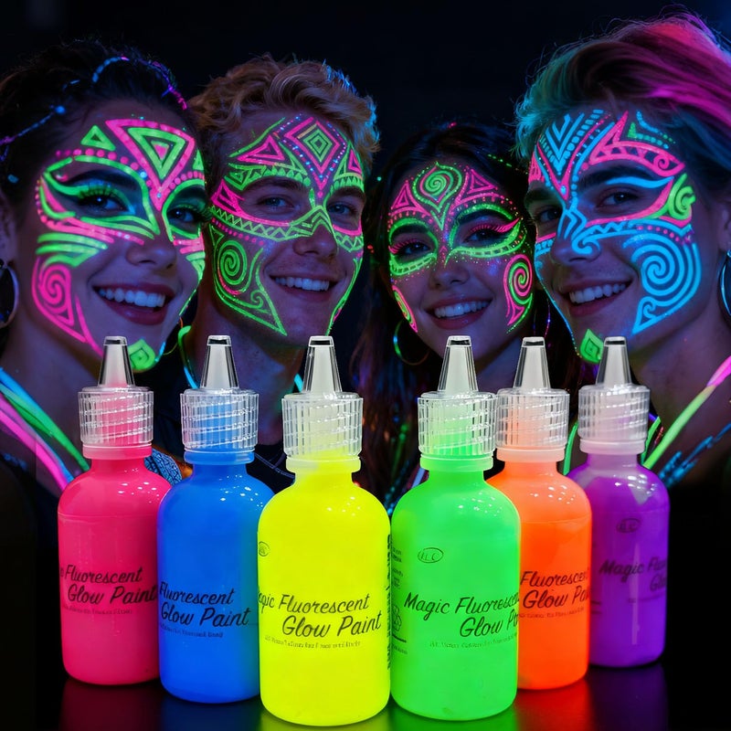 iLC [6 Bottles, 1 oz. Each] Body Paint Glow Blacklight Reactive Neon Fluorescent Paint - Safe For Skin - Washable - Non-Toxic - Six Colors Kit - Image 1